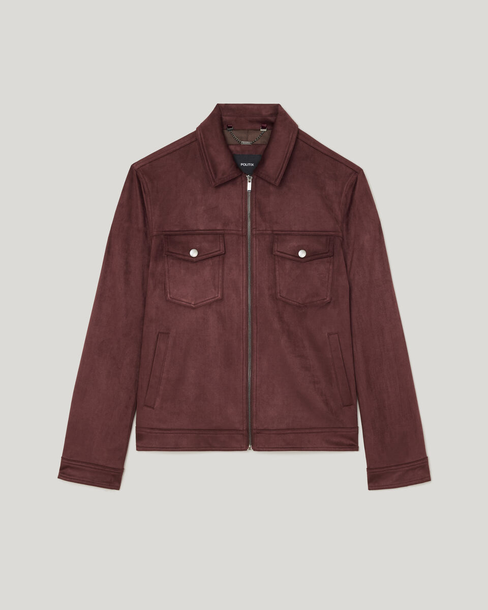 Reece Faux Suede Trucker Jacket, Burgundy, hi-res